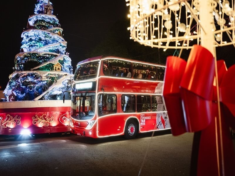Bustour Illumination Show ao lado da árvore de Natal iluminada de Gramado durante o Natal Luz