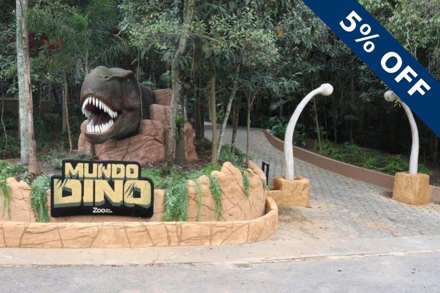 Portal de entrada do Mundo Dino em São Paulo – cupom OVIAJANTE com 5% de desconto