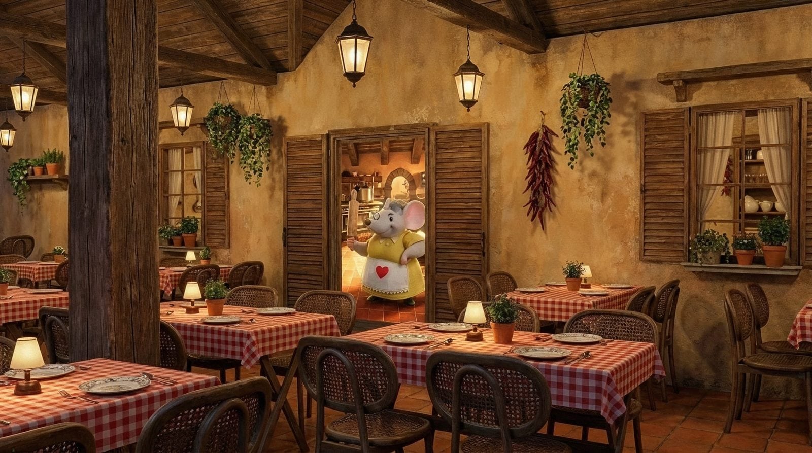 Salão da Famiglia Pierre com toalhas xadrez e a Nonna Rosa na porta da cozinha, cantina temática em Gramado