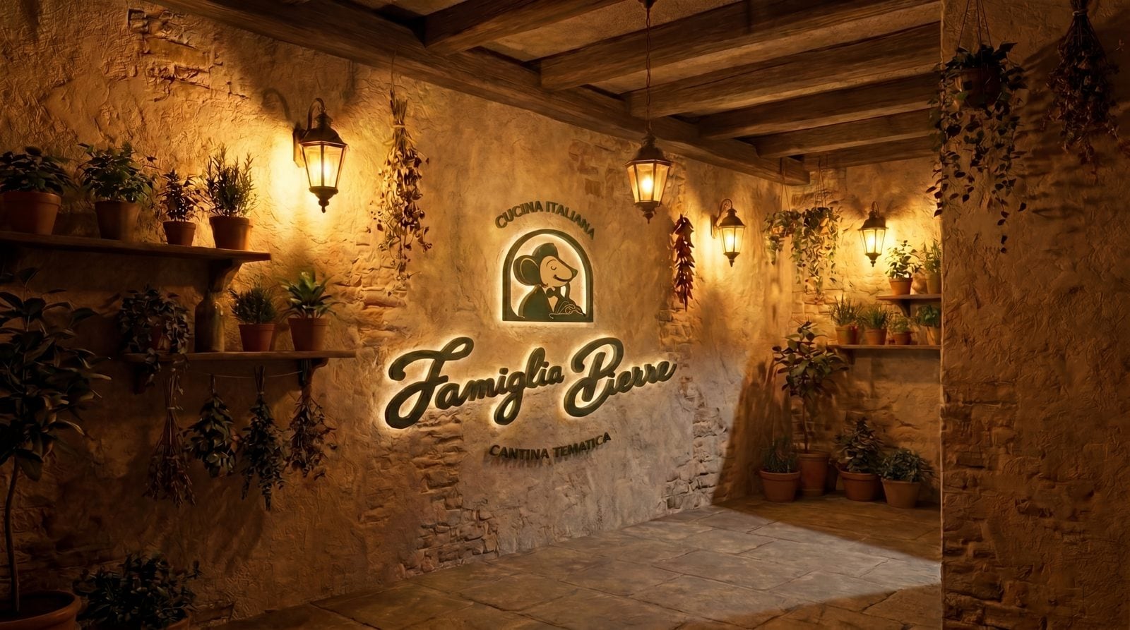 Recepção da Famiglia Pierre com letreiro iluminado e lampiões, cantina temática em Gramado