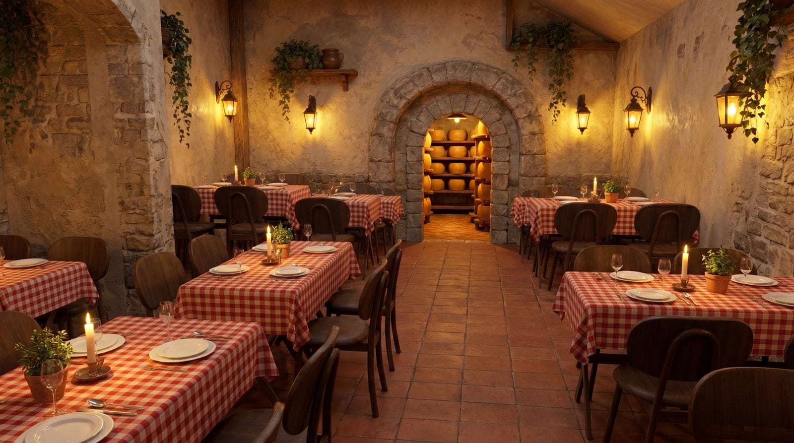 Porão de queijos e mesas com toalhas xadrez na Famiglia Pierre, cantina temática em Gramado
