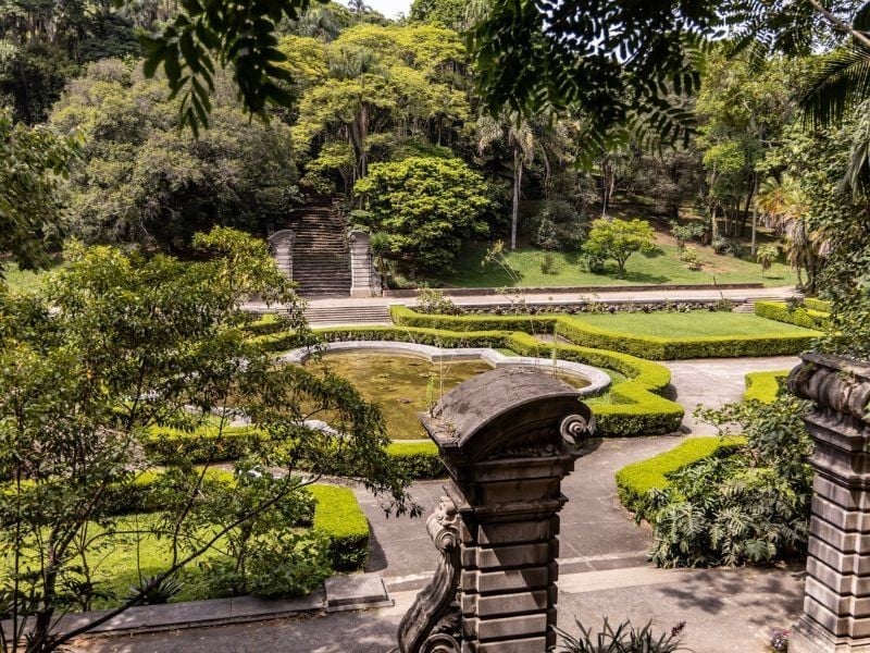 Vista dos jardins paisagísticos e escadaria do Jardim Botânico de São Paulo