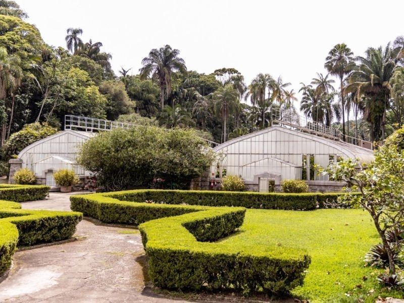 Estufas históricas vistas de fora no Jardim Botânico de São Paulo