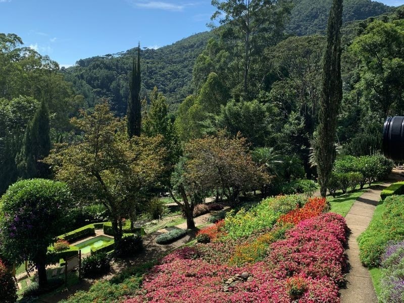 Vista dos jardins floridos e da Serra da Mantiqueira no Jardim dos Pinhais Ecco Parque