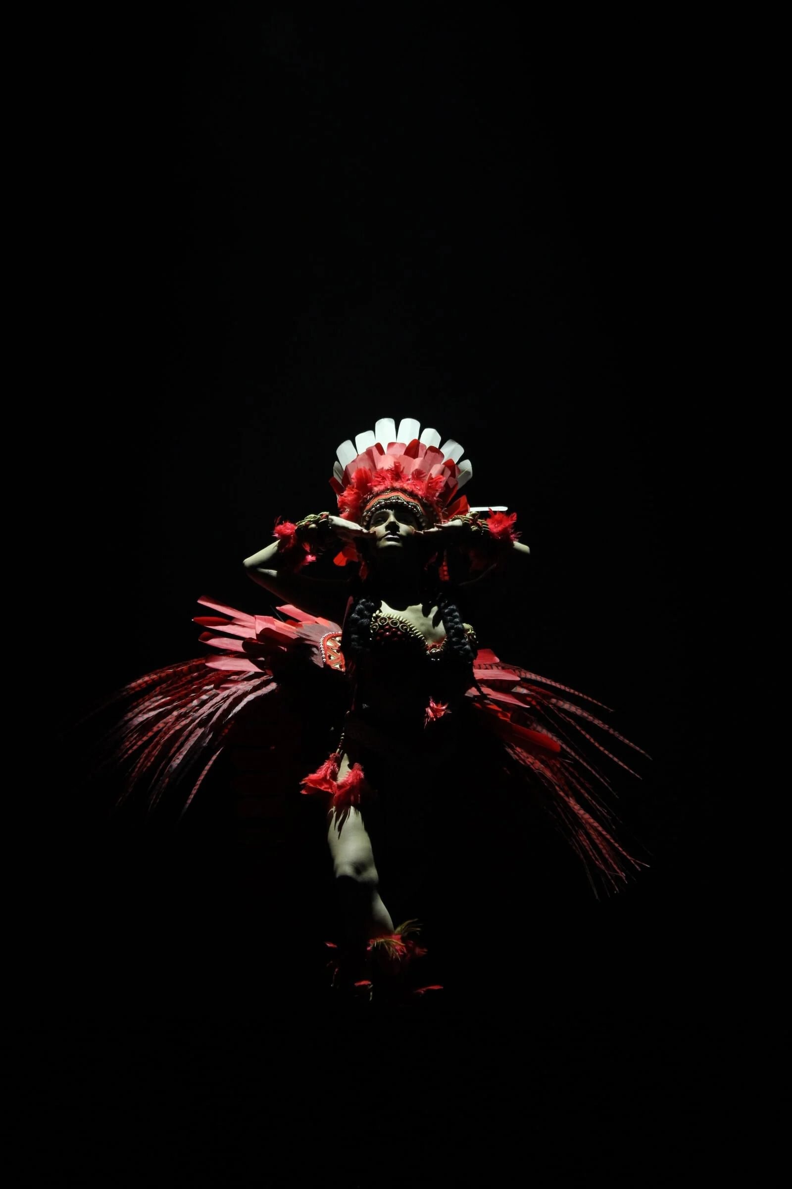 Bailarina com cocar de plumas vermelhas no musical Aquele Abraço, Roxy Dinner Show em Copacabana