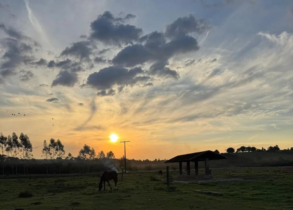 Pôr do sol com cavalo pastando no Sítio Castelinho em Cesário Lange