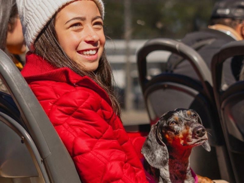 Passageira com cachorro no Bustour, ônibus pet friendly de Gramado e Canela