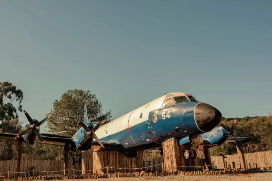 Avião de patrulha azul e branco entre as árvores no Jardim Secreto do Capitão – cupom OVIAJANTE com 5% de desconto