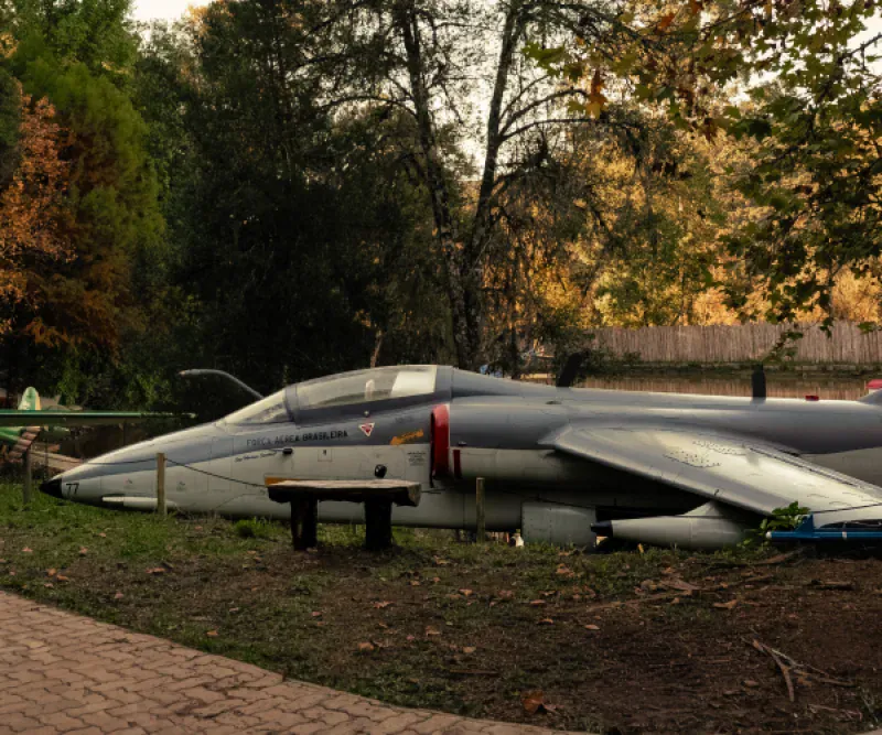 Jato militar cinza exposto na mata do Jardim Secreto do Capitão