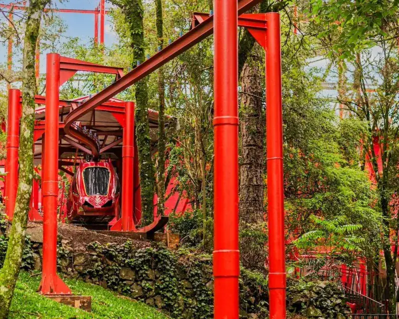Carrinho vermelho do monorail suspenso entre as árvores da Aldeia do Papai Noel, em Gramado