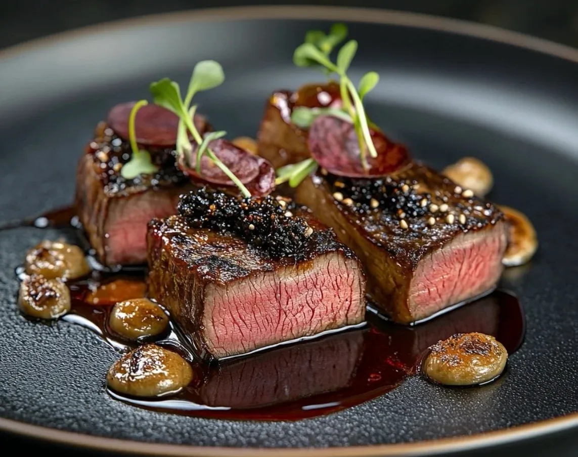 Prato de carne grelhada fatiada com molho escuro, cogumelos e brotos, servido no George III, em Gramado