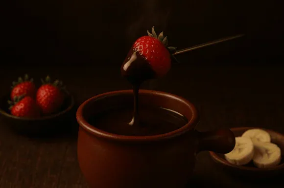 Morango coberto de chocolate sobre a panela de fondue doce, com morangos e bananas ao lado, no Le Belle Canto, em Gramado