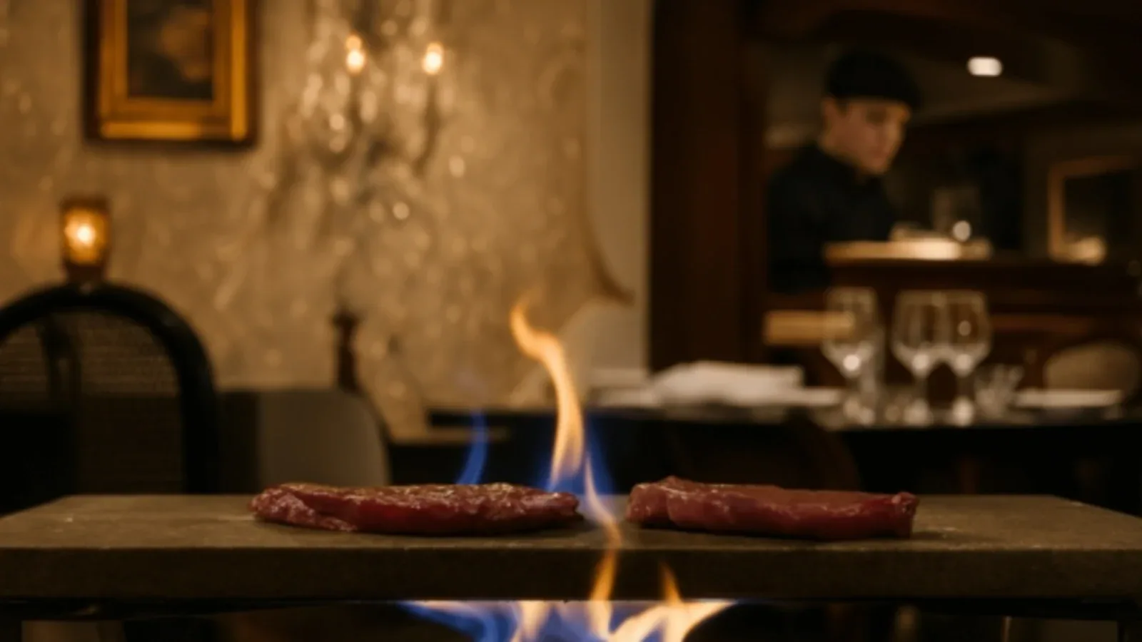 Carnes grelhando na pedra quente sobre a chama no salão do Le Belle Canto, em Gramado
