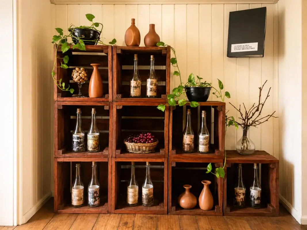 Estante de caixotes com garrafas antigas e ânforas de barro no Museu do Vinho Gramado