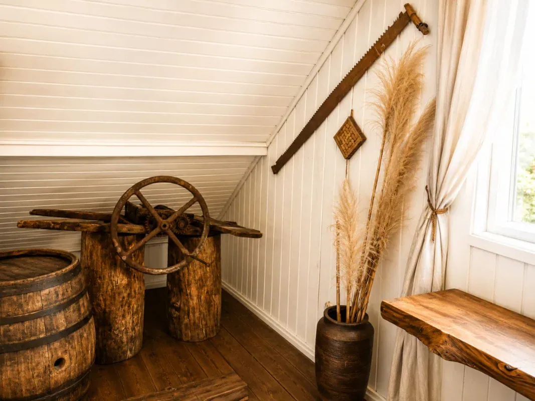 Prensa antiga de uva e barril de madeira na sala da imigração italiana do Museu do Vinho Gramado