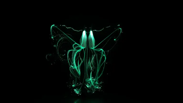 Bailarino da companhia LightWire com figurino de fibra óptica verde iluminado no palco escuro