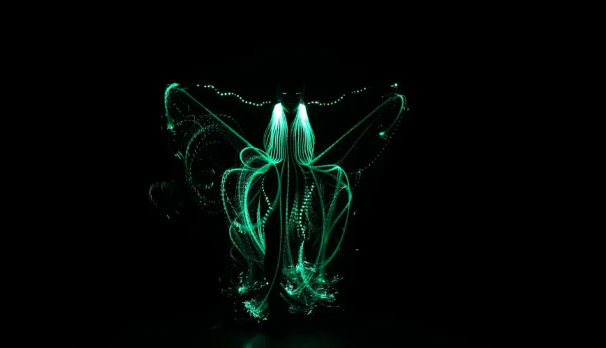 Bailarino da companhia LightWire com figurino de fibra óptica verde iluminado no palco escuro
