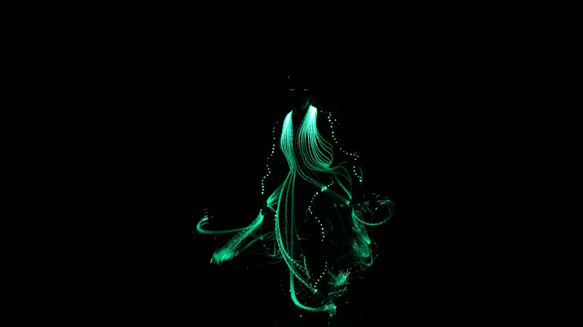 Figurino de LED verde em movimento no escuro, durante apresentação da companhia LightWire